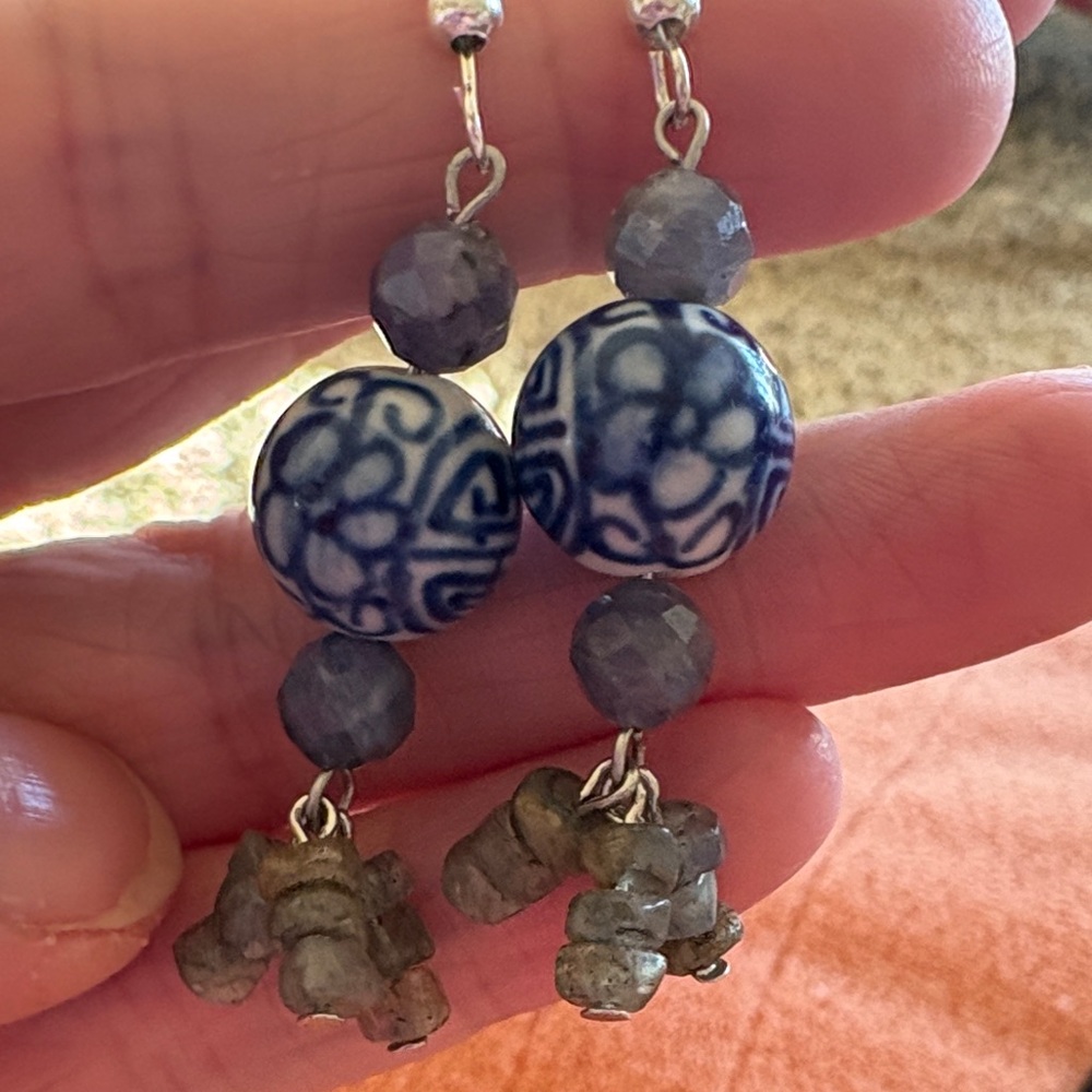 Hand Crafted Stone Apatite and Labradorite Beaded Earrings - Picture 2 of 2